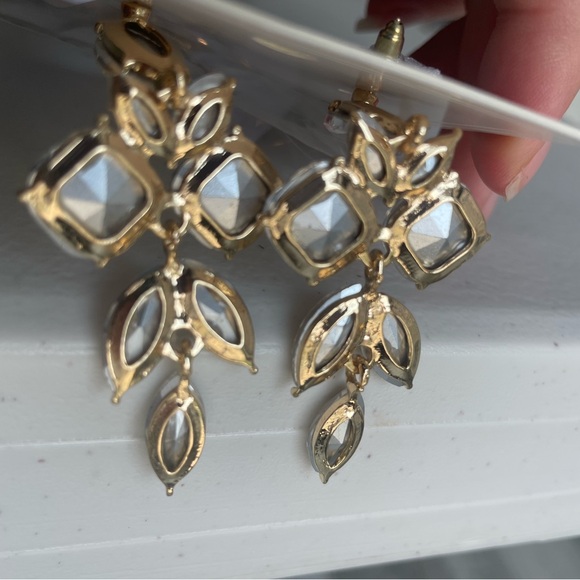 Anthro Crystal Large Leaf Shaped Dangle Drop Earrings Clear Long - Picture 4 of 11